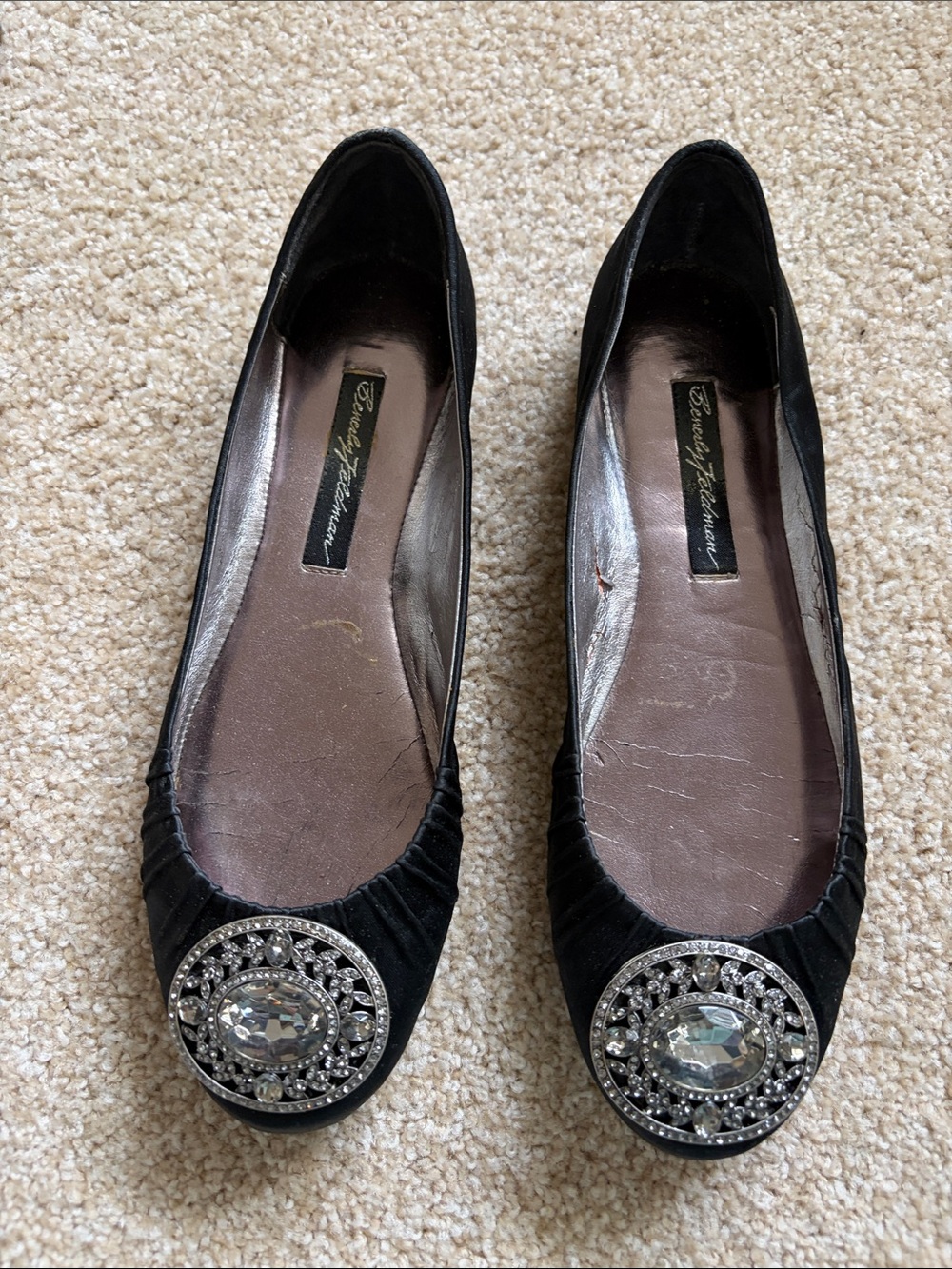 Beverly Feldman Black Velvet Ballet Flats with Jeweled Medallion